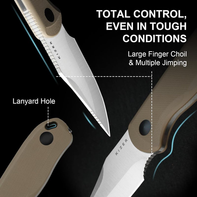 KIZER Drop Bear Fixed Blade Knife, 2.6" AEB-L Satin Blade EDC Hunting Knife with Tan G10 Handle & Built-in Tools, Outdoor Small Camping Survival Knives with Adjustable Kydex Sheath, 1092A2 - Image 4